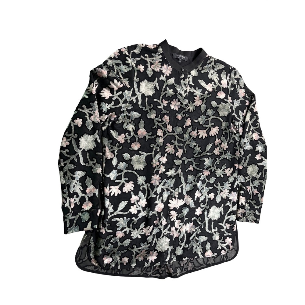 Lafayette 148 New York Sheer‎ Floral Burnout Blouse Top Medium Black